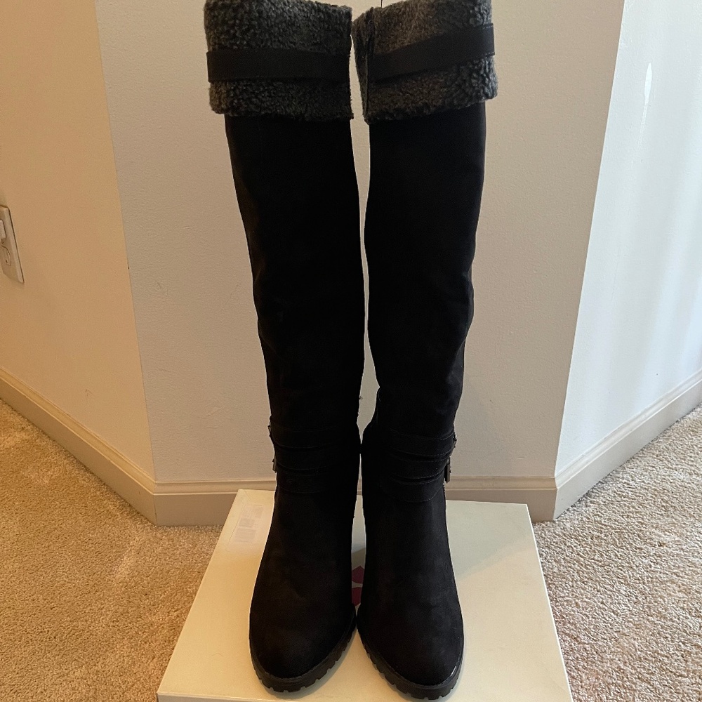 Black Suede Wedge Heel Tall Boots sz 11